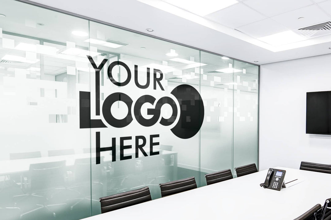 "Your logo here" glass wall in conference room